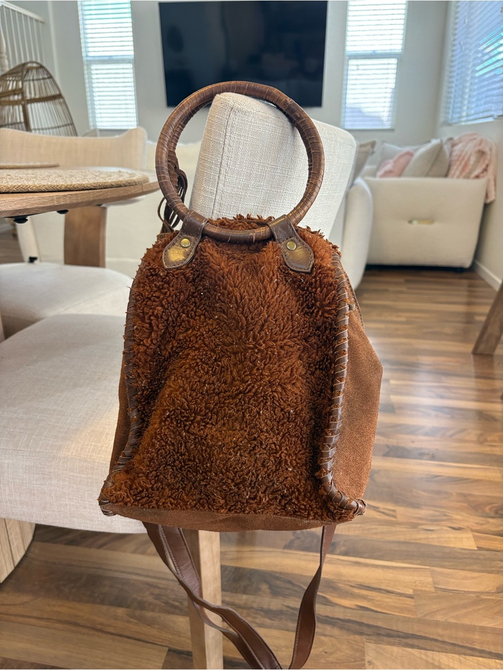 Free People Brown Shearling Tote Bag with Round Handles
